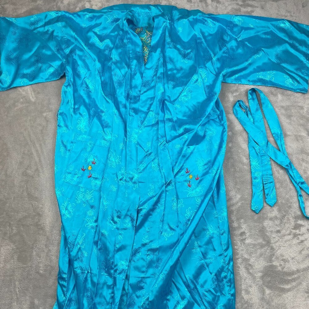 Vintage Golden Bee Teal Blue Chinese Kimono Robe Dress Women's Large